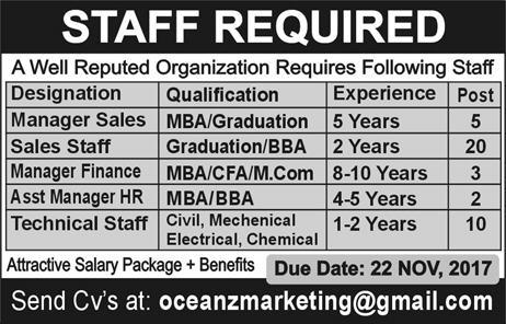 Oceanz Marketing Pakistan Jobs 2017 November Sales / Technical Staff & Others Latest