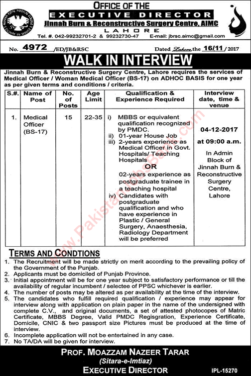 Medical Officer Jobs in Jinnah Hospital Lahore November 2017 Walk In Interview AIMC Latest