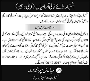 Security Guard Jobs in THQ Hospital Wazirabad 2017 November / December Latest