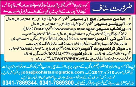 Kohistan Logistics Faisalabad Jobs 2017 December Lahore Admin / HR Managers, IT Officers & Others Latest