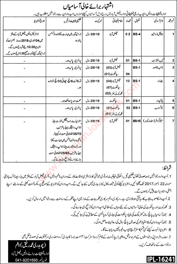 Ayub Agriculture Research Institute Faisalabad Jobs December 2017 Baildar, Naib Qasid & Others Latest