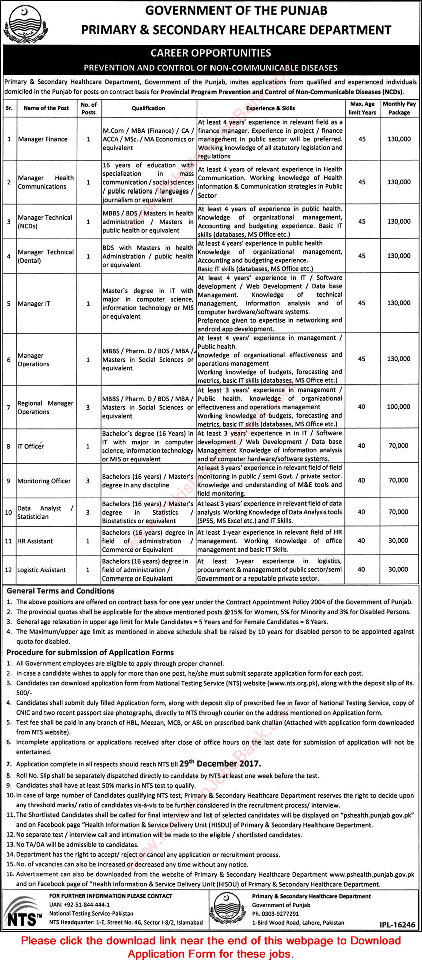 Primary and Secondary Healthcare Department Punjab Jobs December 2017 NTS Application Form Download Latest
