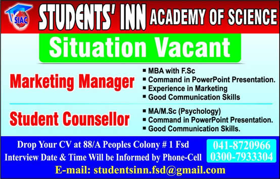 Marketing Manager & Student Counsellor Jobs in Faisalabad 2017 December Students Inn Academy of Science Latest