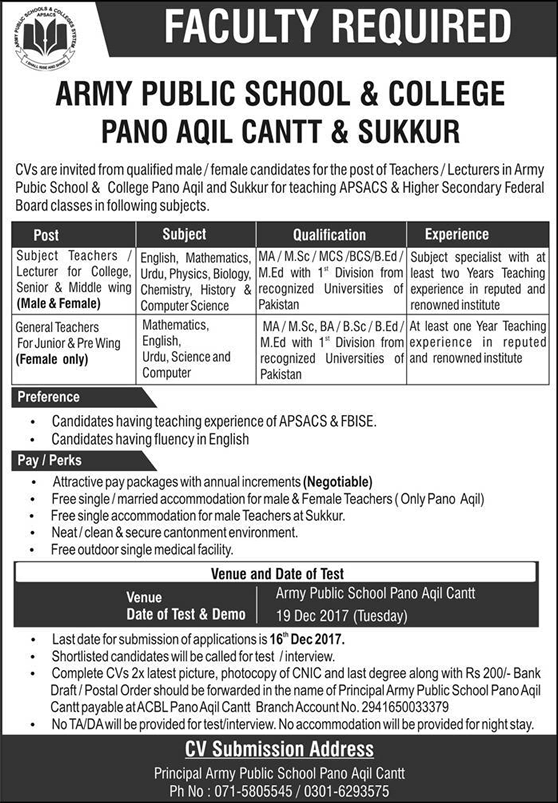 Army Public School and College Pano Aqil & Sukkur Jobs December 2017 Teachers & Lecturers Latest