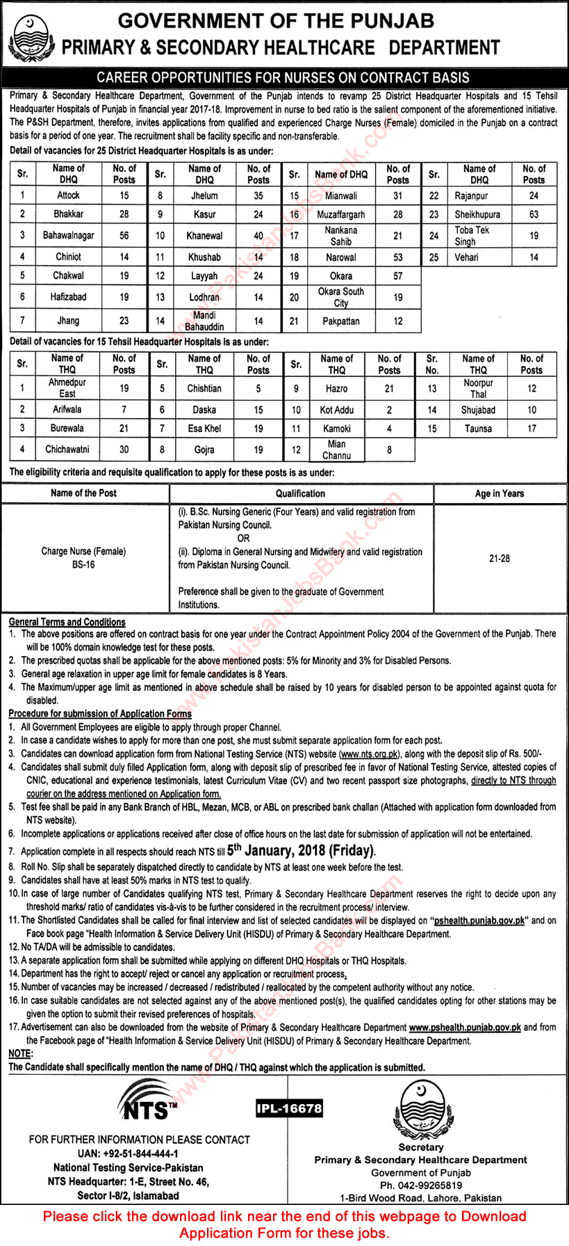 Charge Nurse Jobs in Primary and Secondary Healthcare Department Punjab December 2017 NTS Application Form Latest