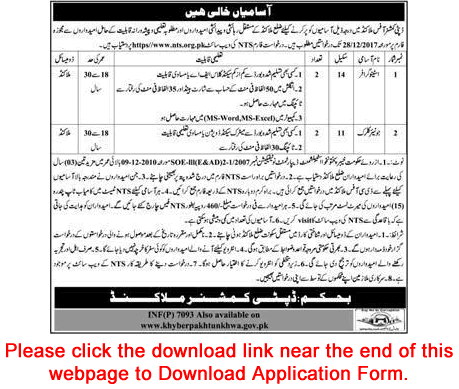 Deputy Commissioner Office Malakand Jobs 2017 December NTS Application Form Stenographers & Clerks Latest