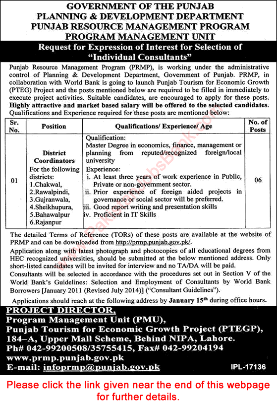 District Coordinator Jobs in Planning and Development Department Punjab December 2017 PRMP Program Latest
