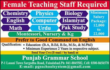 Punjab Grammar School Faisalabad Jobs December 2017 Female Teaching Staff Latest