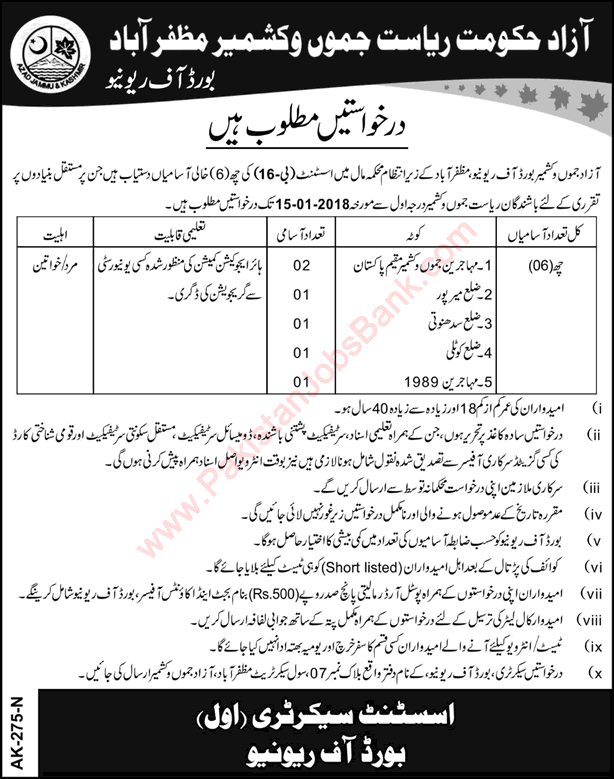 Assistant Jobs in Board of Revenue AJK December 2017 January Latest