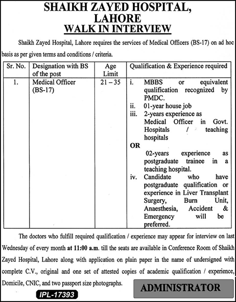 Medical Officers Jobs in Shaikh Zayed Hospital Lahore December 2017 / 2018 Walk in Interview Latest