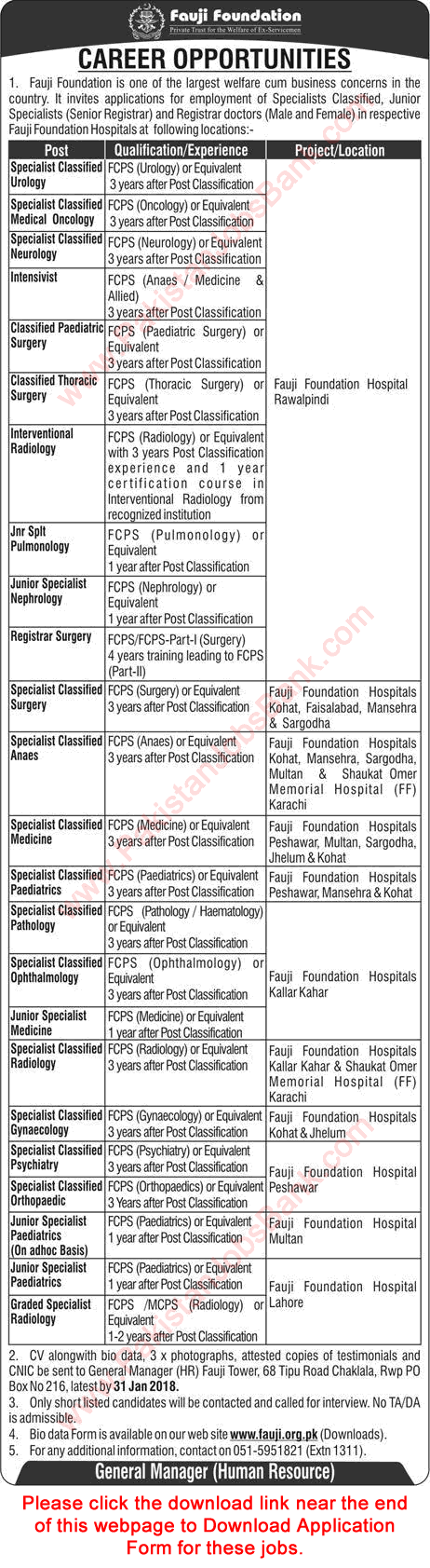 Fauji Foundation Hospitals Jobs 2018 January Specialist Doctors Application Form Download Latest