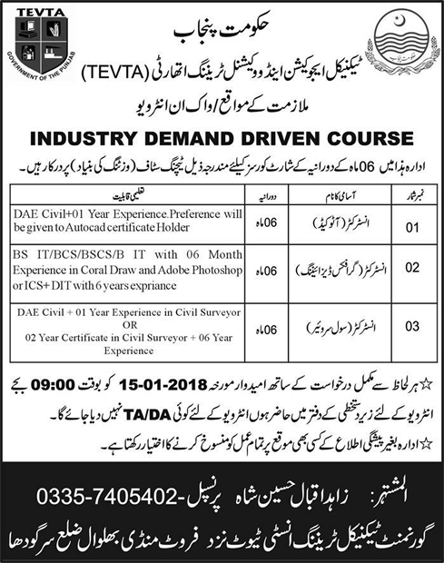 Instructor Jobs in TEVTA 2018 January Sargodha Government Technical Training Institute Latest
