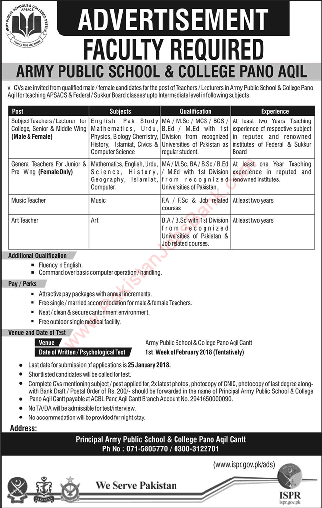 Army Public School and College Pano Aqil Jobs 2018 Teachers & Lecturers Latest