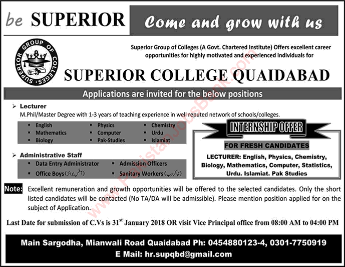 Superior College Quaidabad Jobs 2018 Khushab Lecturers & Admin Staff Latest