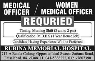 Medical Officer Jobs in Faisalabad 2018 January at Rubina Memorial Hospital Latest