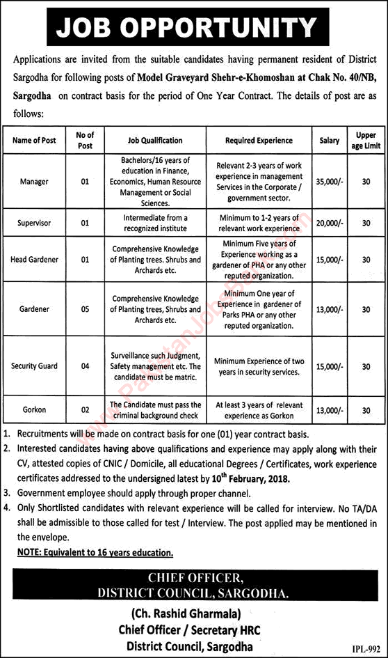 District Council Sargodha Jobs 2018 January Gardeners, Security Guards & Others at Model Graveyard Latest