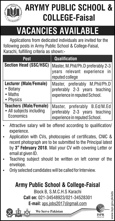 Army Public School and College Faisal Karachi Jobs 2018 January Teachers / Lecturers & Section Head Latest