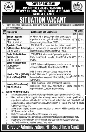Heavy Industries Taxila Board Taxila Cantt Jobs 2018 January Medical Officers & Others Latest