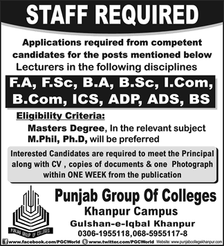 Lecturer Jobs in Punjab Group of Colleges Khanpur Campus 2018 January Latest