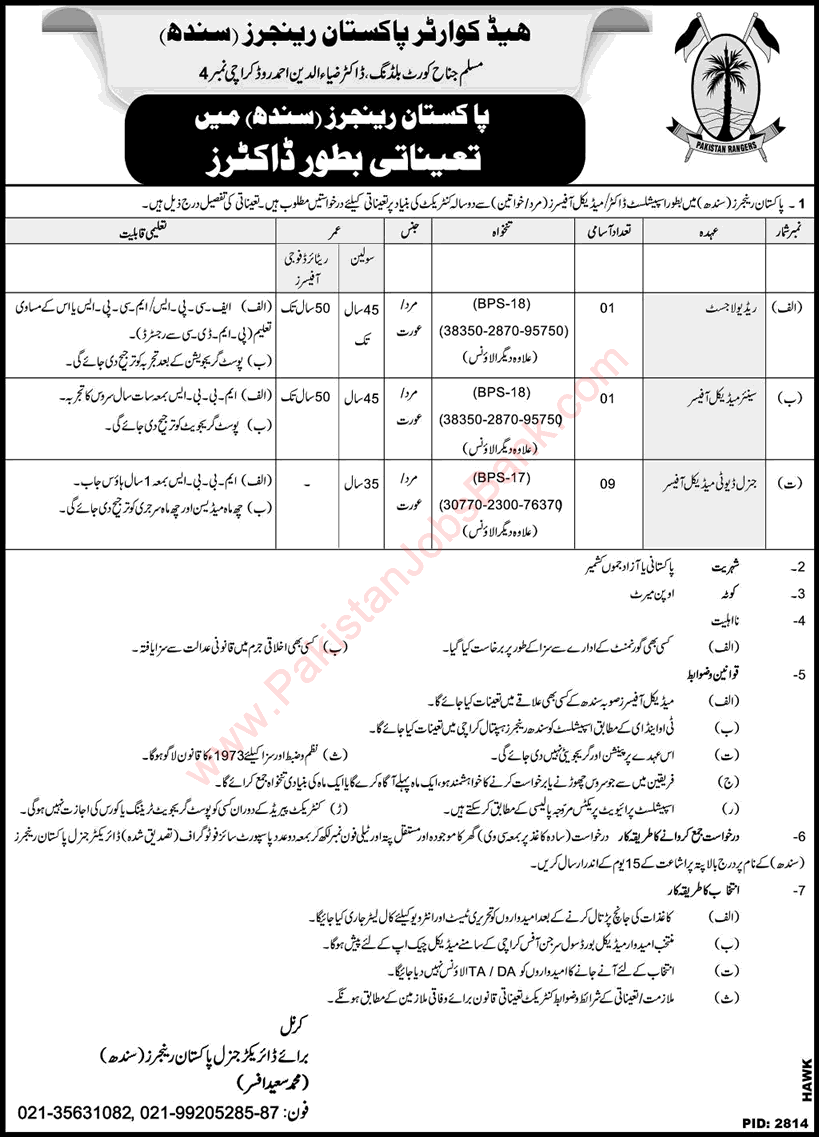Pakistan Rangers Sindh Jobs 2018 January General Duty Medical Officers & Radiologist Latest