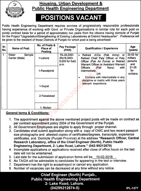 Water Sample Carrier Jobs in Public Health Engineering Department Punjab 2018 January Latest