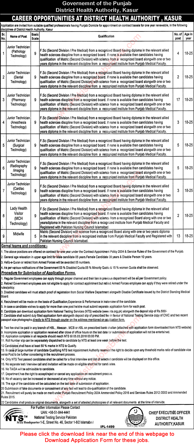 Health Department Kasur Jobs 2018 February NTS Application Form Medical Technicians & Midwives Latest