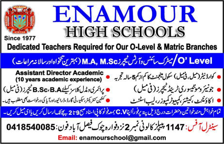 Enamour High Schools Faisalabad Jobs 2018 February Teachers, Coordinators & Others Latest