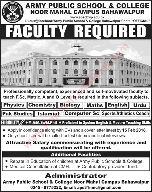 Teaching Jobs in Army Public School and College Bahawalpur 2018 February at Noor Mahal Campus Latest