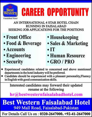 Best Western Hotel Faisalabad Jobs 2018 February Front Desk Officer, Housekeeping Staff & Others Latest