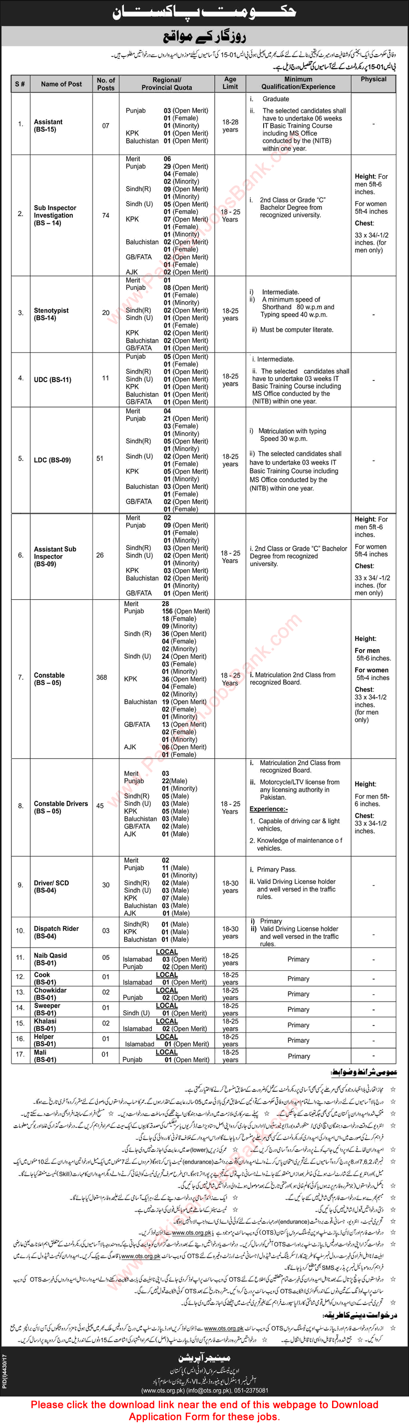 Federal Government Agency Jobs 2018 February OTS Application Form Constables, Sub Inspectors & Others Latest