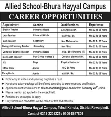 Allied School Kahuta Jobs 2018 February Teachers & Others at Bhura Hayyal Campus Latest