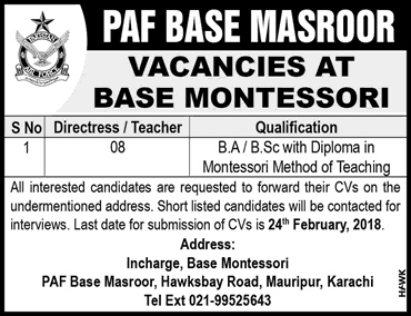 Montessori Teacher Jobs in PAF Base Masroor Karachi 2018 February Latest