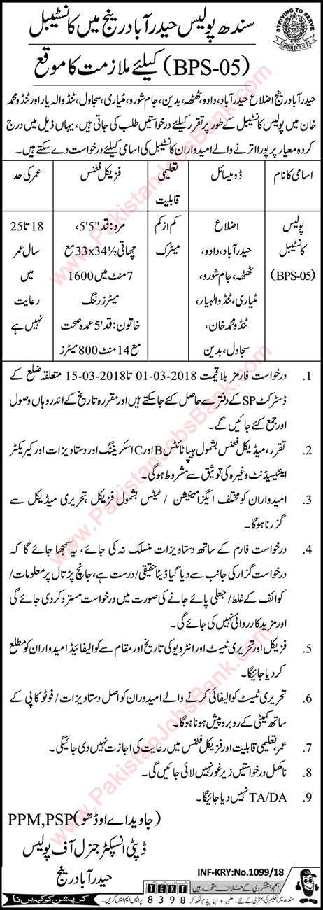 Sindh Police Constable Jobs February 2018 in Hyderabad Range Latest Advertisement