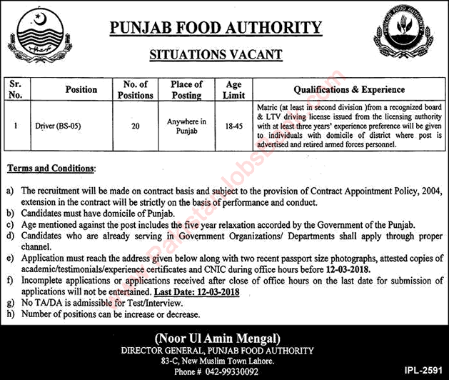 Driver Jobs in Punjab Food Authority February 2018 Latest
