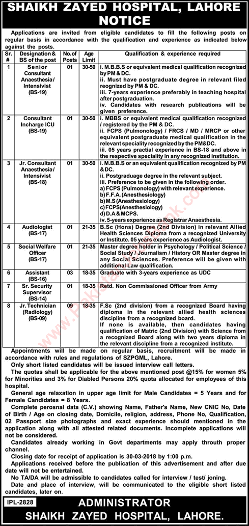 Shaikh Zayed Hospital Lahore Jobs 2018 March Medical Technicians, Assistants & Others Latest