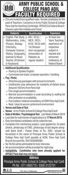 Army Public School and College Pano Aqil Jobs March 2018 Teachers & Lecturers APS&C Latest