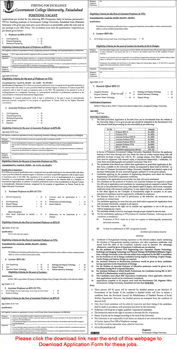 GC University Faisalabad Jobs 2018 March Application Form Teaching Faculty & Research Officers Latest