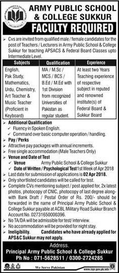 Army Public School and College Sukkur Jobs 2018 March Teachers / Lecturers APS&C Latest