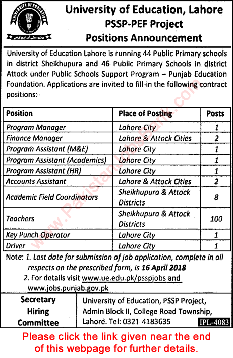 University of Education Lahore Jobs 2018 April PSSP-PEF Project Application Form Teachers & Others Latest