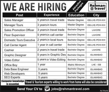 Rehman Group of Travels Pakistan Jobs 2018 April Sales Manager, Call Center Agent & Others Latest