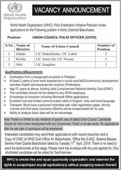 Union Council Polio Officer Jobs in WHO Balochistan April 2018 Polio Eradication Initiative Latest