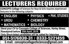 Lecturer Jobs in Concepts College of Science Rawalpindi 2018 April Latest