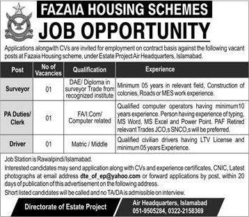 Fazaia Housing Scheme Islamabad Jobs 2018 April Surveyor, PA / Clerk & Driver Latest