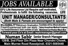 Unit Manager / Consultants Jobs in EFU Life Assurance Rawalpindi April 2017 Latest