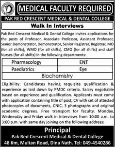 Pak Red Crescent Medical and Dental College Dina Nath Jobs April 2018 Teaching Faculty & Others Walk in Interviews Latest