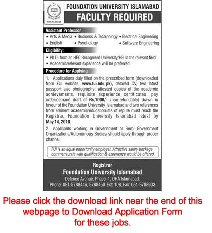 Assistant Professor Jobs in Foundation University Islamabad 2018 April / May Application Form Latest
