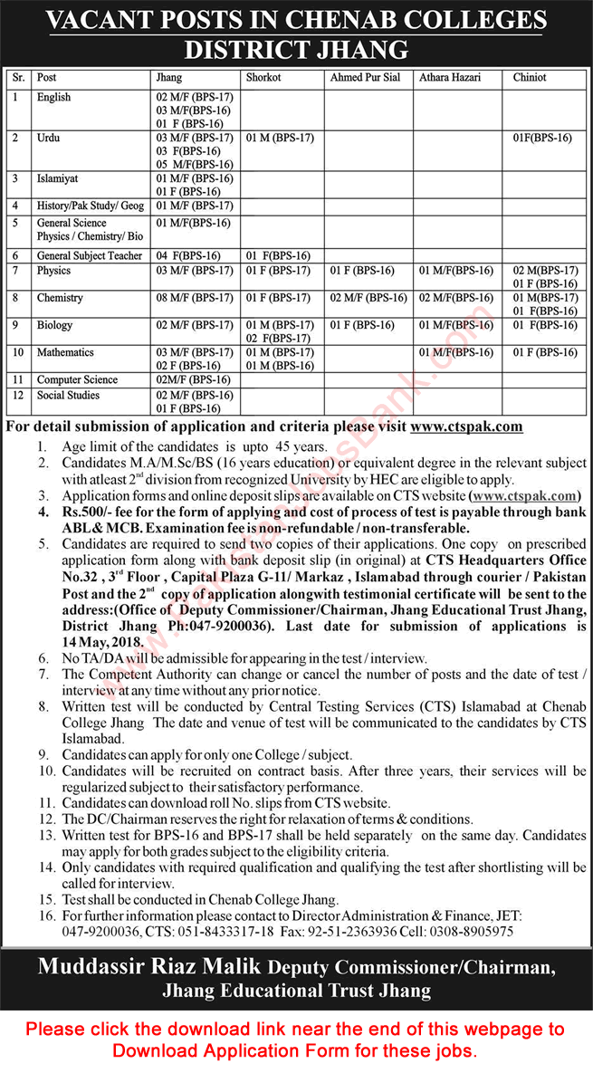 Chenab Colleges Jhang Jobs 2018 April / May Teachers CTS Application Form Download Latest