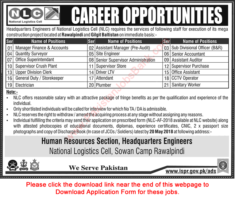 NLC Jobs May 2018 Application Form National Logistics Cell Latest Advertisement
