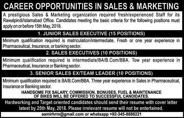 Sales & Marketing Jobs in Islamabad / Rawalpindi May 2018 Latest
