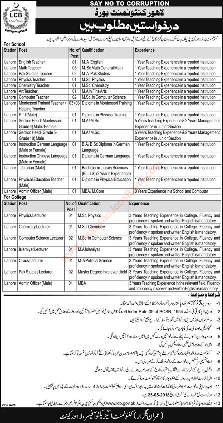 Cantonment Board Public School and College Lahore Jobs May 2018 Teachers, Lecturers & Others Latest